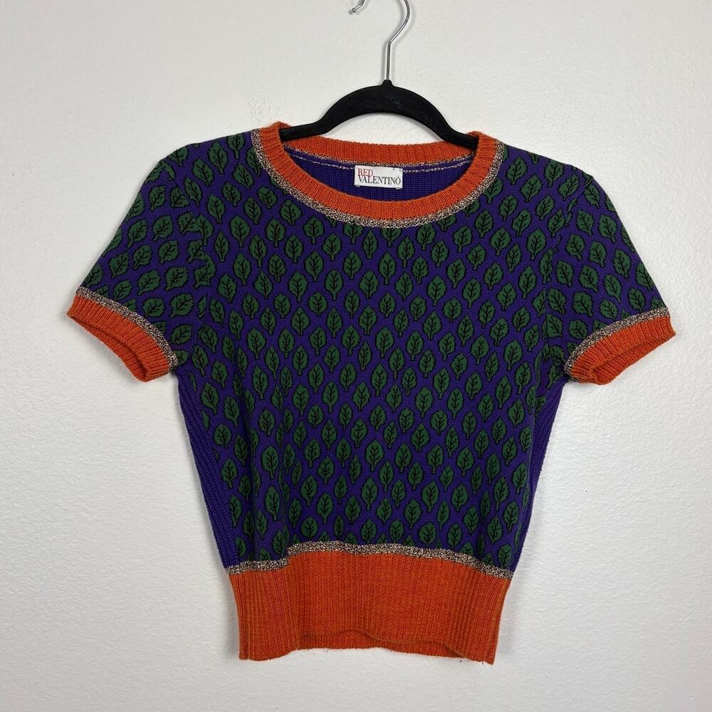 RED Valentino Woodland Leaf Pattern Preppy Short Sleeve Knit Pullover Small